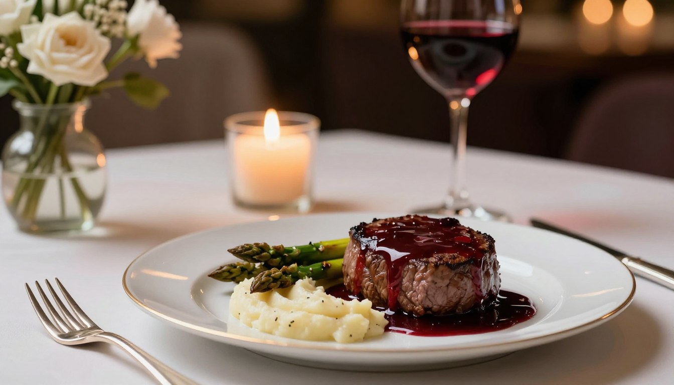 Romantic Dinner with Glass of wine, roses